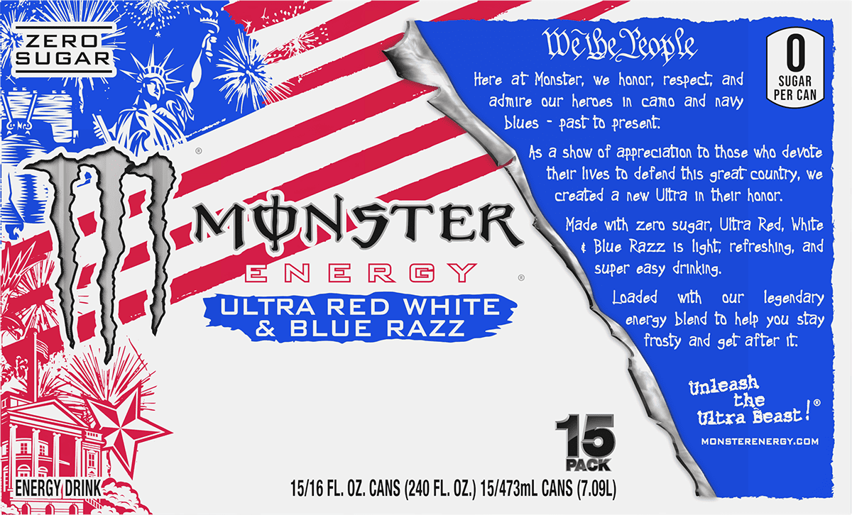 Monster Energy Ultra, Red White & Blue Razz, Sugar Free Energy Drink, 15 Pack - 16 Fl Oz