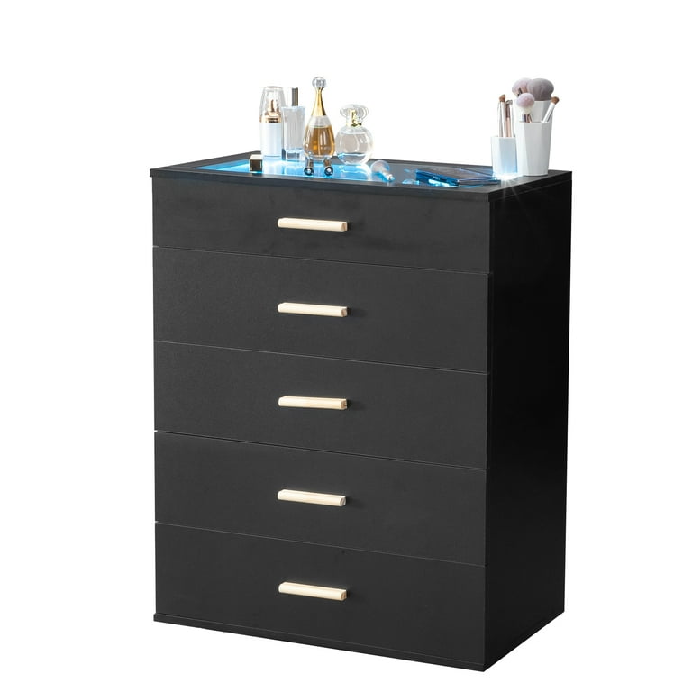 Ktaxon 5 Drawer Black Dresser with LED Lights Tempered Glass Top Grid Storage Organizer for Hallway Living Room Walmart