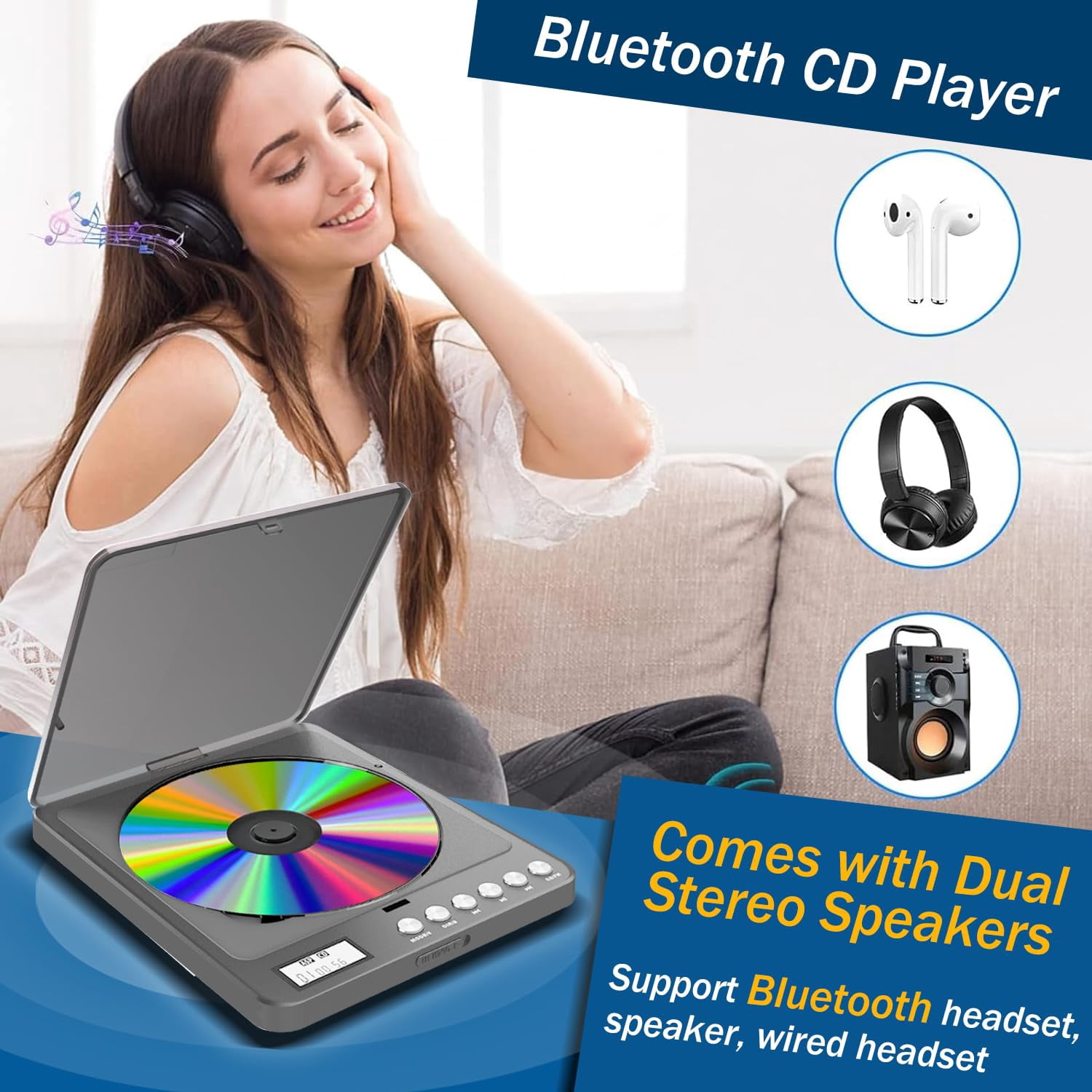 CCHKFEI Bluetooth Portable CD Player with Speakers 2000mAh Rechargeable CD Player Portable Bluetooth with Dual Headphones Jack