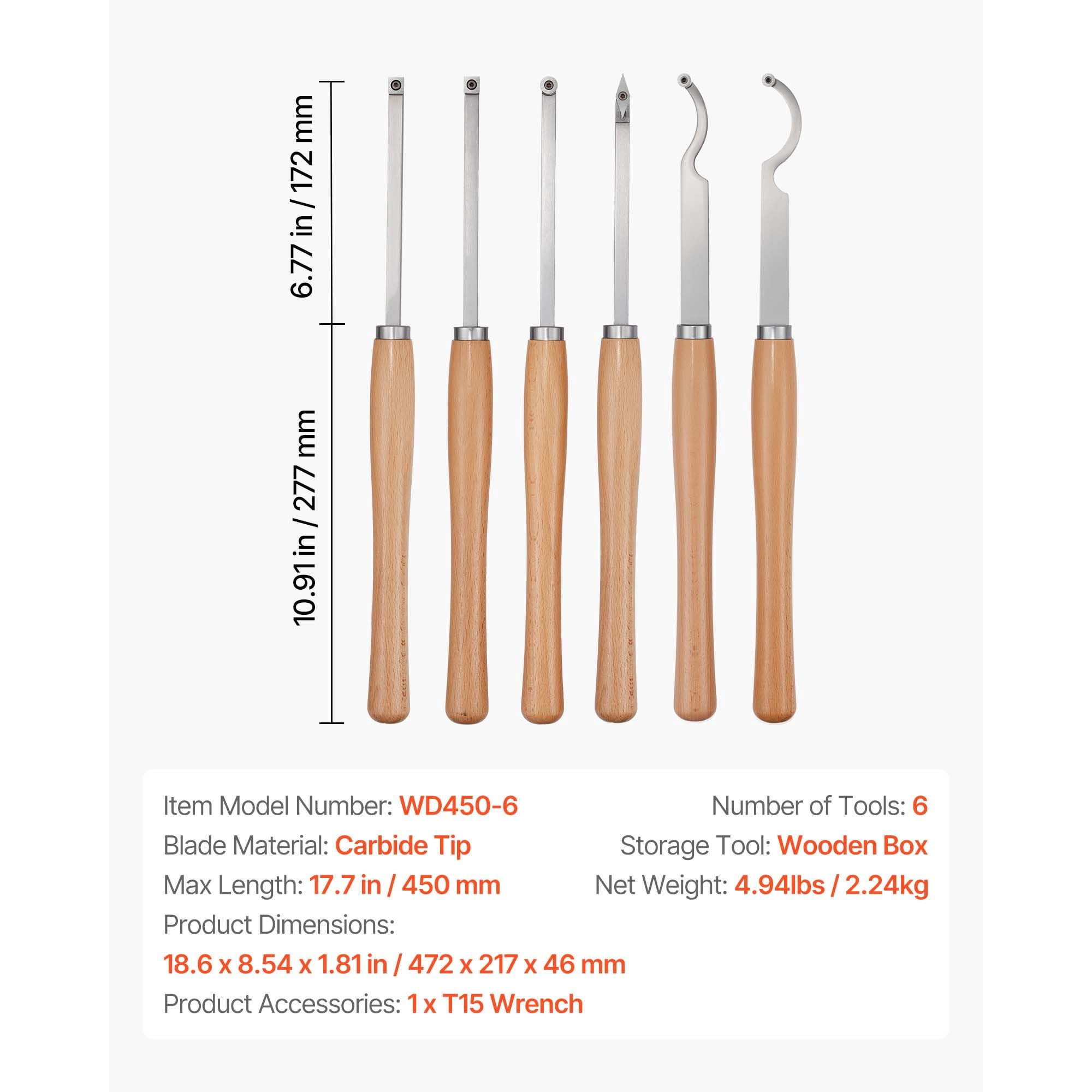 6-Piece Wood Lathe Turning Tool Set, Carbide Inserts with Diamond, Round & Square Blades, Wooden Handle, Wooden Box, for Beginners, Hobbyists & Professionals