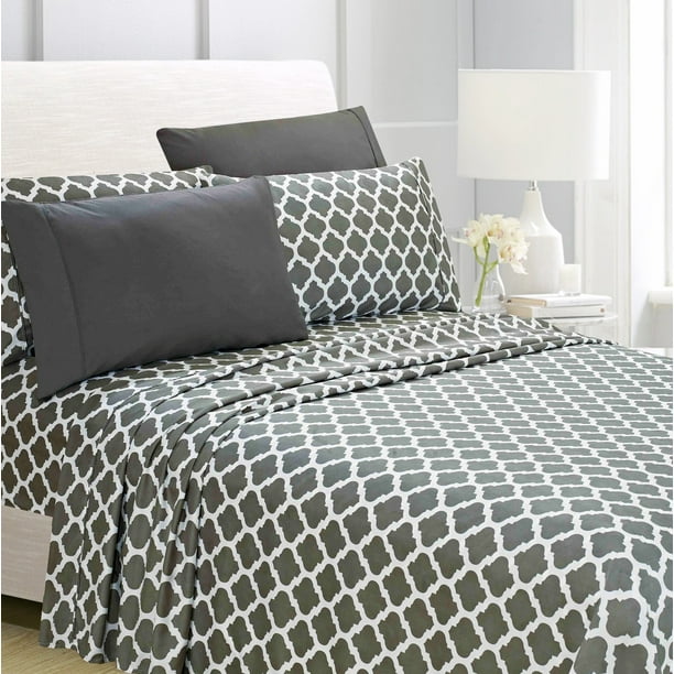 Gray Quatrefoil Printed Bed Sheet Set, Cream Quatrefoil Duvet Cover Set