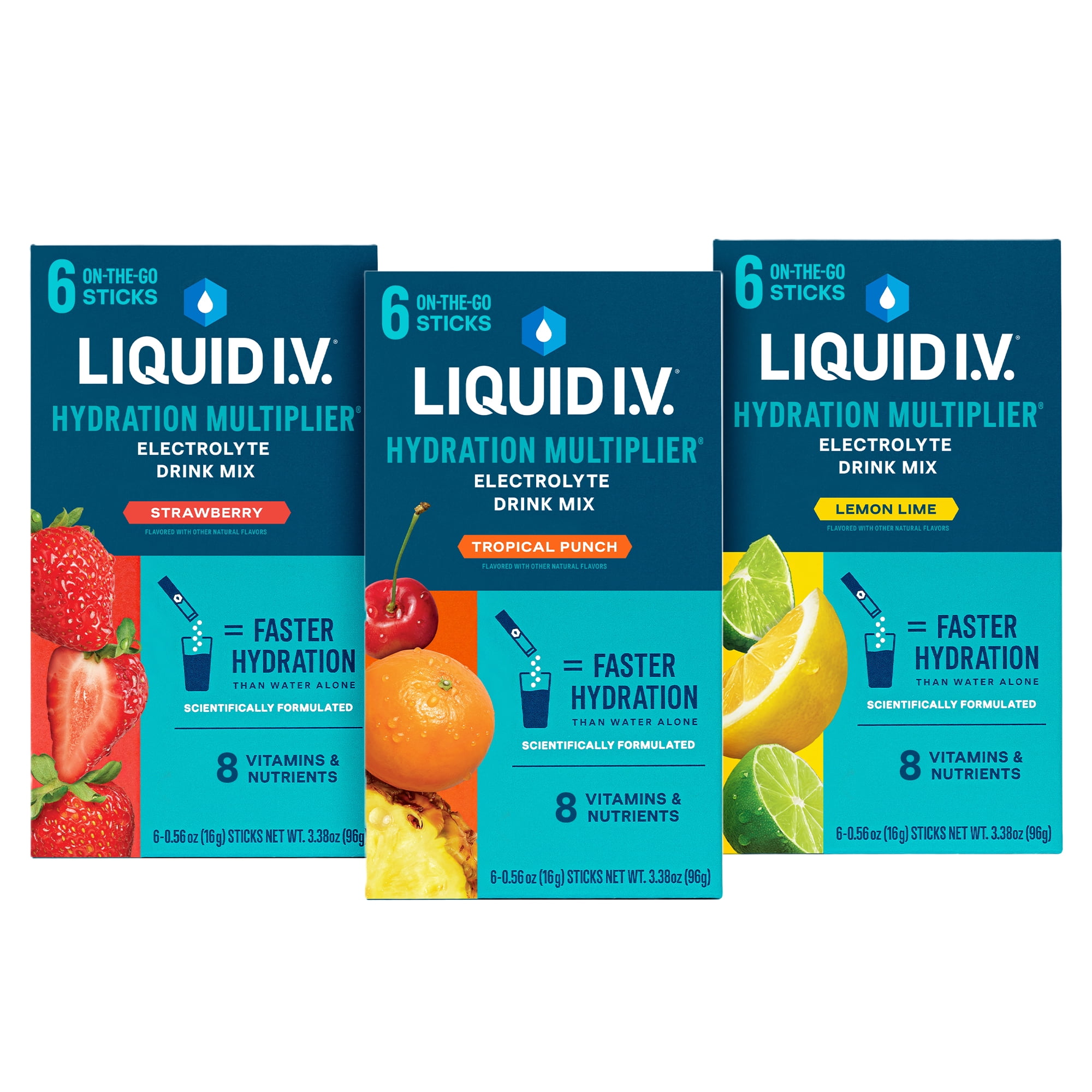 Liquid I.V.® Lemon Lime, Strawberry, Tropical Punch Hydration Multiplier® Variety Pack, 6 count packets, 3 pack