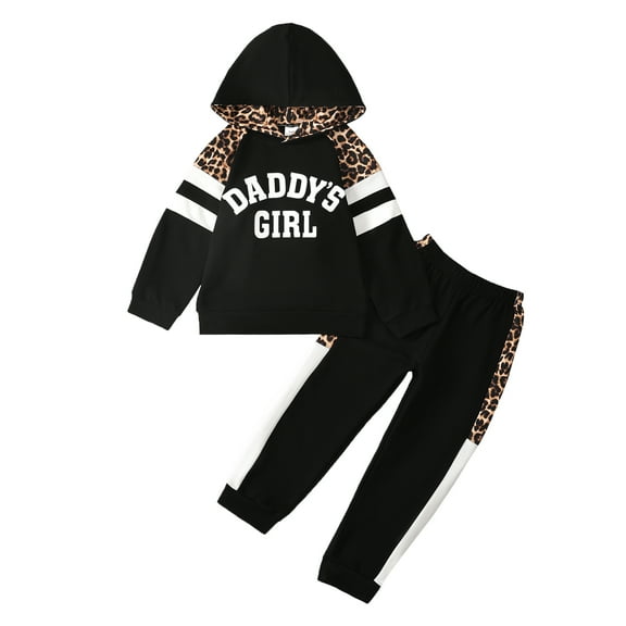 5T Baby Girls Clothes 6T Girls 2PCS Hoodie Outfits Set Letter Print Little Girls Long Sleeve Hooded Top Pants Set Black