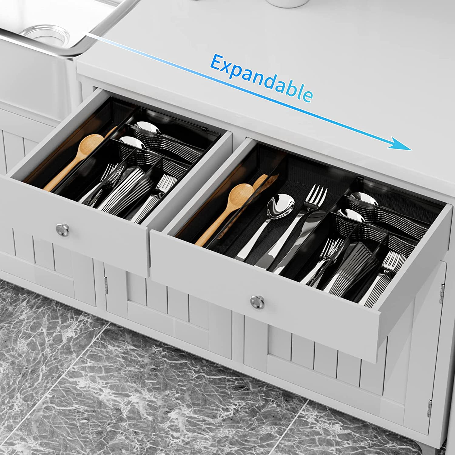 Utensil Drawer Organizer - Expandable Cutlery Tray, Silverware/Flatware Storage Divider for Kitchen, Mesh Designing with Non-slip Rubber Feet (black)