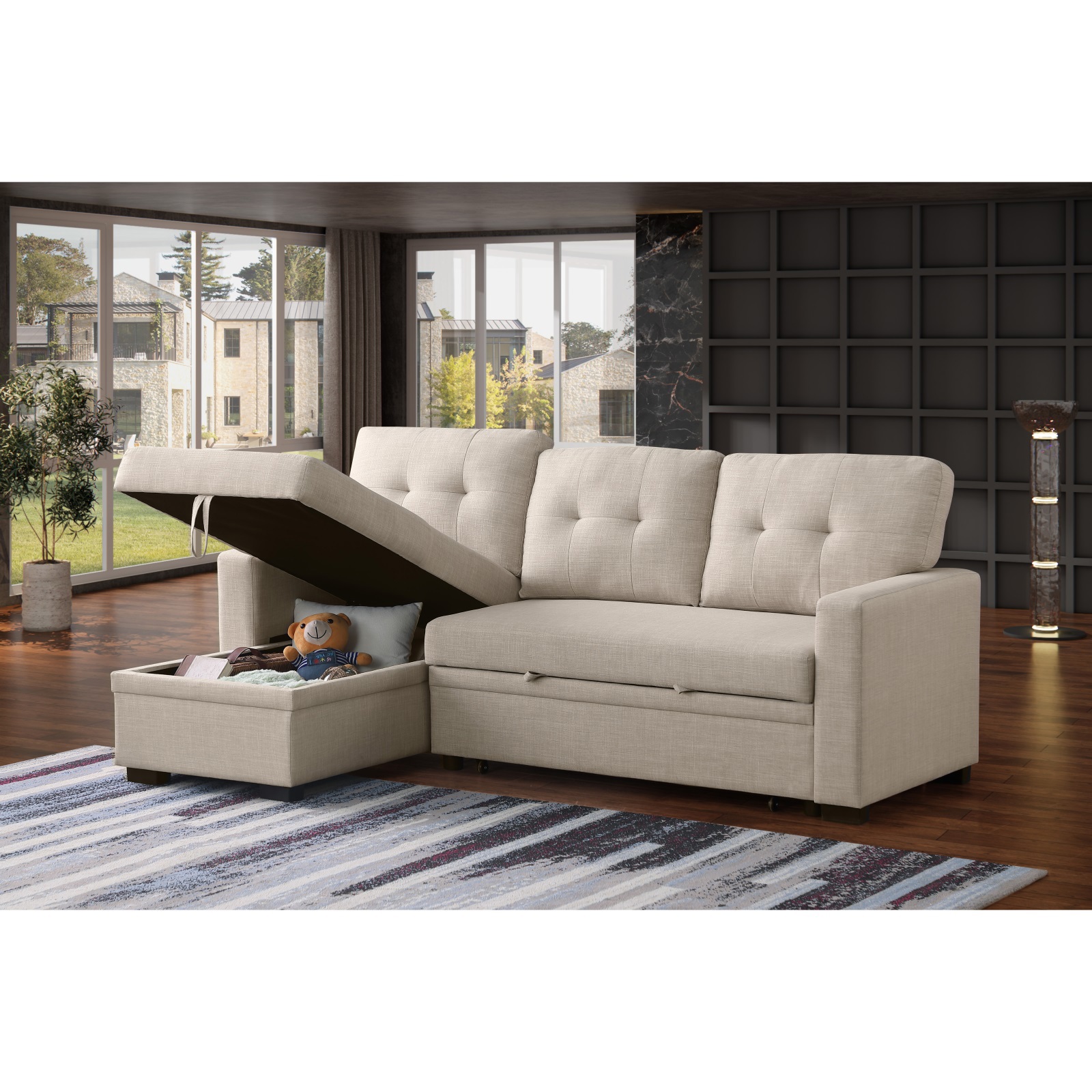Hommoo 2 in 1 Pull Out Upholstered Sectional Sofa Bed with Storage & Chaise, Convertible L Shaped Sleeper Sofa for Home,Beige
