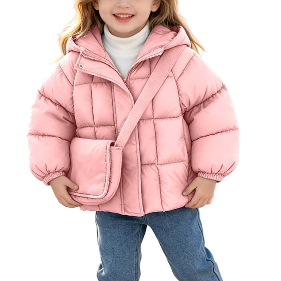 Girls Puffer Jacket with Hood Lightweight Quilted Outerwear Warm Padded Kids Winter Jacket Toddler Thermal Cold Weather Long Sleeve Zip Up Puffy Coats Pockets, Size 1-7