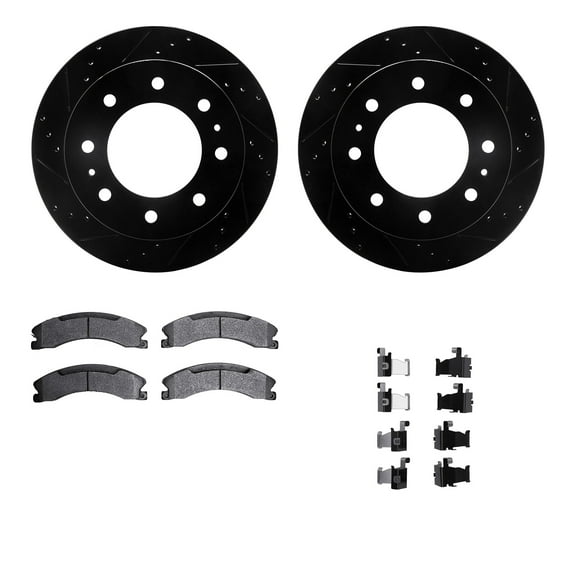 Dynamic Friction Company Rear Brake Rotors-Drilled and Slotted-Black with Heavy Duty Brake Pads includes Hardware 8212-48031