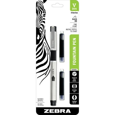 Zebra V-301 Stainless Steel Fountain Pen with Bonus Refill, Fine Point, 0.7mm, Black Ink, 1-Count