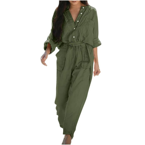 Wo-Fusoul Women's V-Neck Long Sleeve Jumpsuit with Pocket & Belt, Linen Blend Cargo