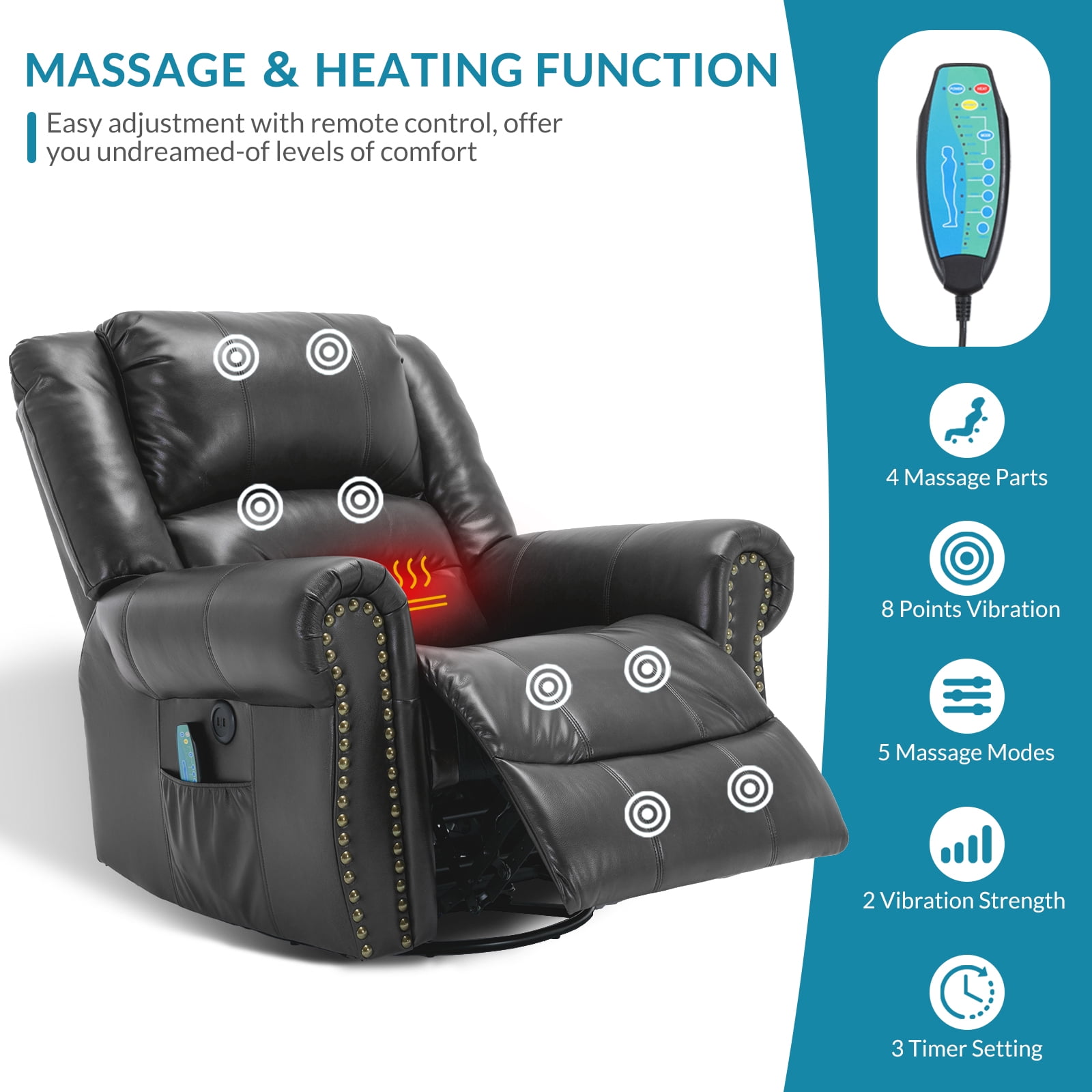 OUINCH Manual 360 Degree Swivel Glider Rocker Recliner Chair with Massage and Heat, USB Ports and 2 Side Pockets, Faux Leather, Grey