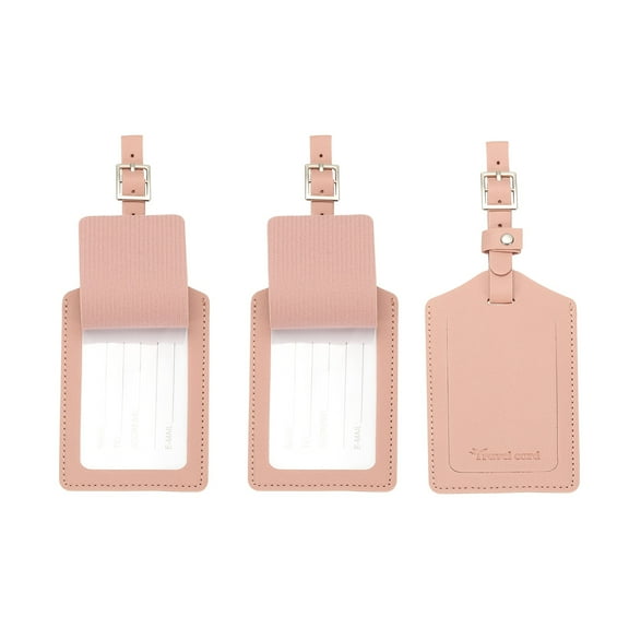 Suitcase Luggage Tags, Pink PU Leather Tags with Private Protection, 3 Pcs