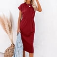thumbnail image 2 of Pompotops Femme O-Cou Mi-Caif Manches Courtes Slim-Fit Poche Fendue Robe à Bas de Manches, 2 of 9