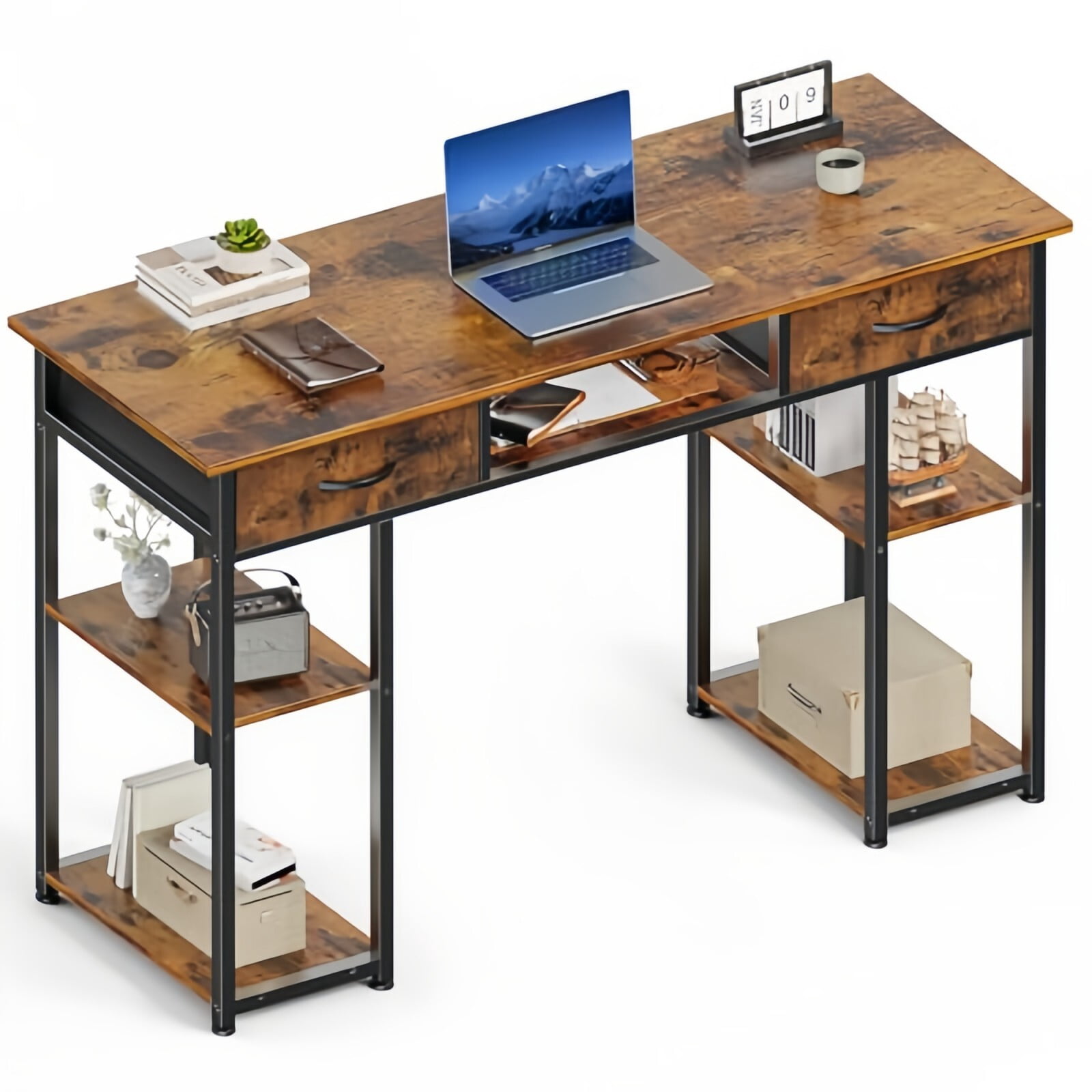 BEAUTYPEAK 48" Computer Desk with Fabric Drawers Storage Shelves Adjustable Feet Writing Gaming Table, Rustic Brown