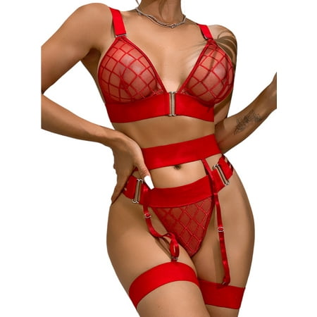 Enwejyy Women s Valentine s Day Anniversaries Underwear Sexy Mesh Bodysuit Lingerie Sets Babydoll with Garter Belt