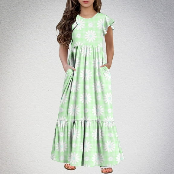 HOMADLES Short Sleeve Girls Dress Round Neck Soft, Fashion Sundress Green 10 T