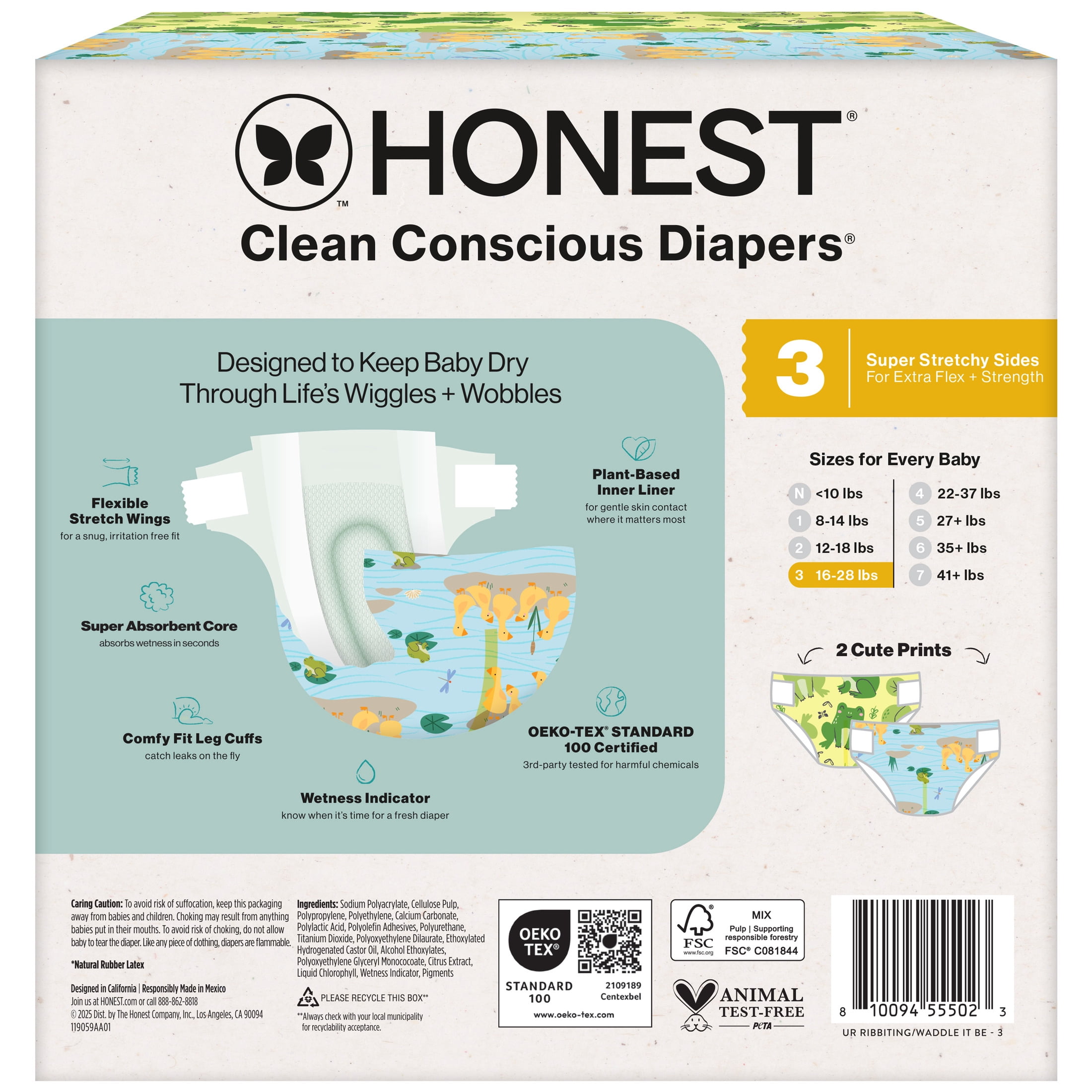 The Honest Company Clean Conscious Diapers® | Up to 100% Leak Protection I Designed to Protect Delicate Skin I Hypoallergenic + Fragrance Free | UR Ribbiting + Waddle It Be, Size 3, 62 Count Club Box