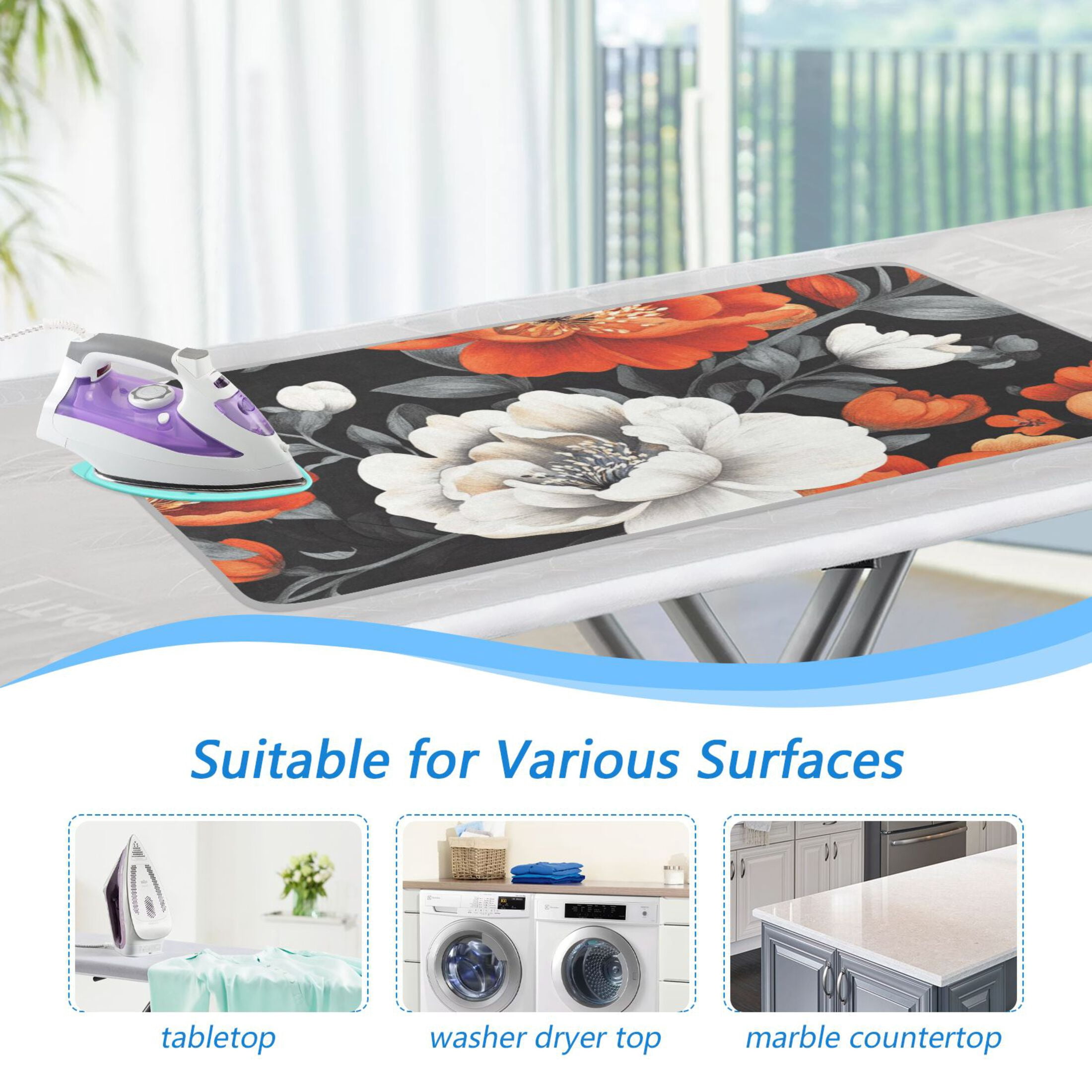 Red and White Floral on Black Ironing Mat Blanket for Table Top Travel Portable Ironing Board Pad 47.2x27.6 Inch