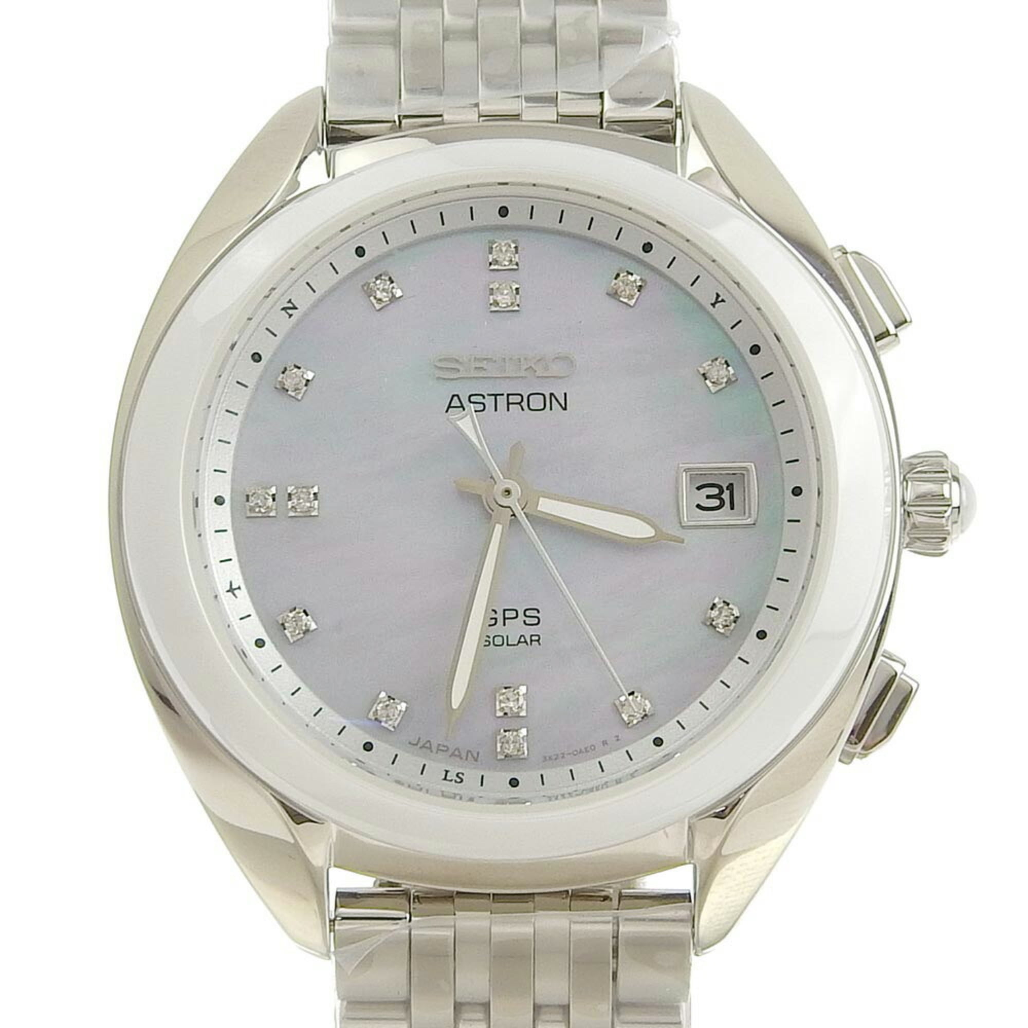 Used Seiko Astron GPS solar 3X22-0AA0 STXD009 stainless steel radio clock  analog display ladies white shell dial watch 