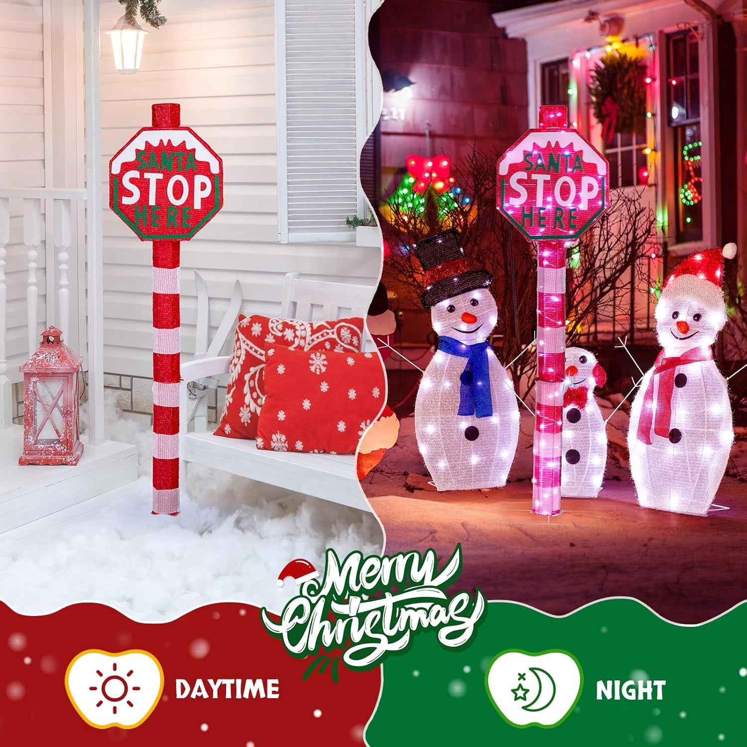 VINGLI 4.3FT Christmas Lighted Santa Stop Here Sign, Christmas Yard Decorations with 70 Prelit LED