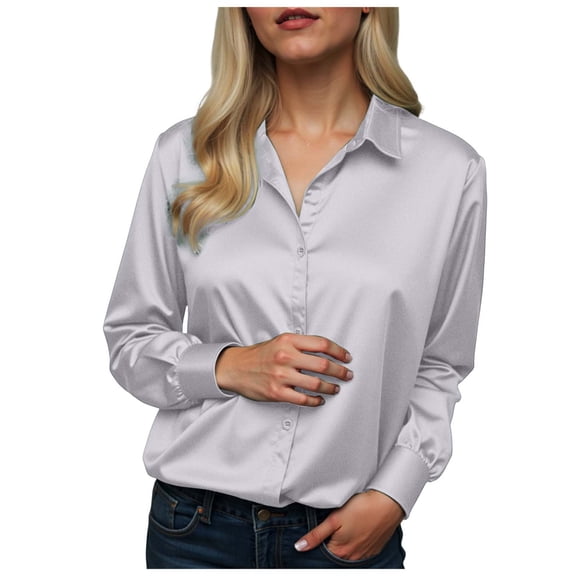 GEWSEY Satin Silk Button Down Shirts for Women Dress Shirts Long Sleeve Blouses Womens Shirts (Grey, XXL)