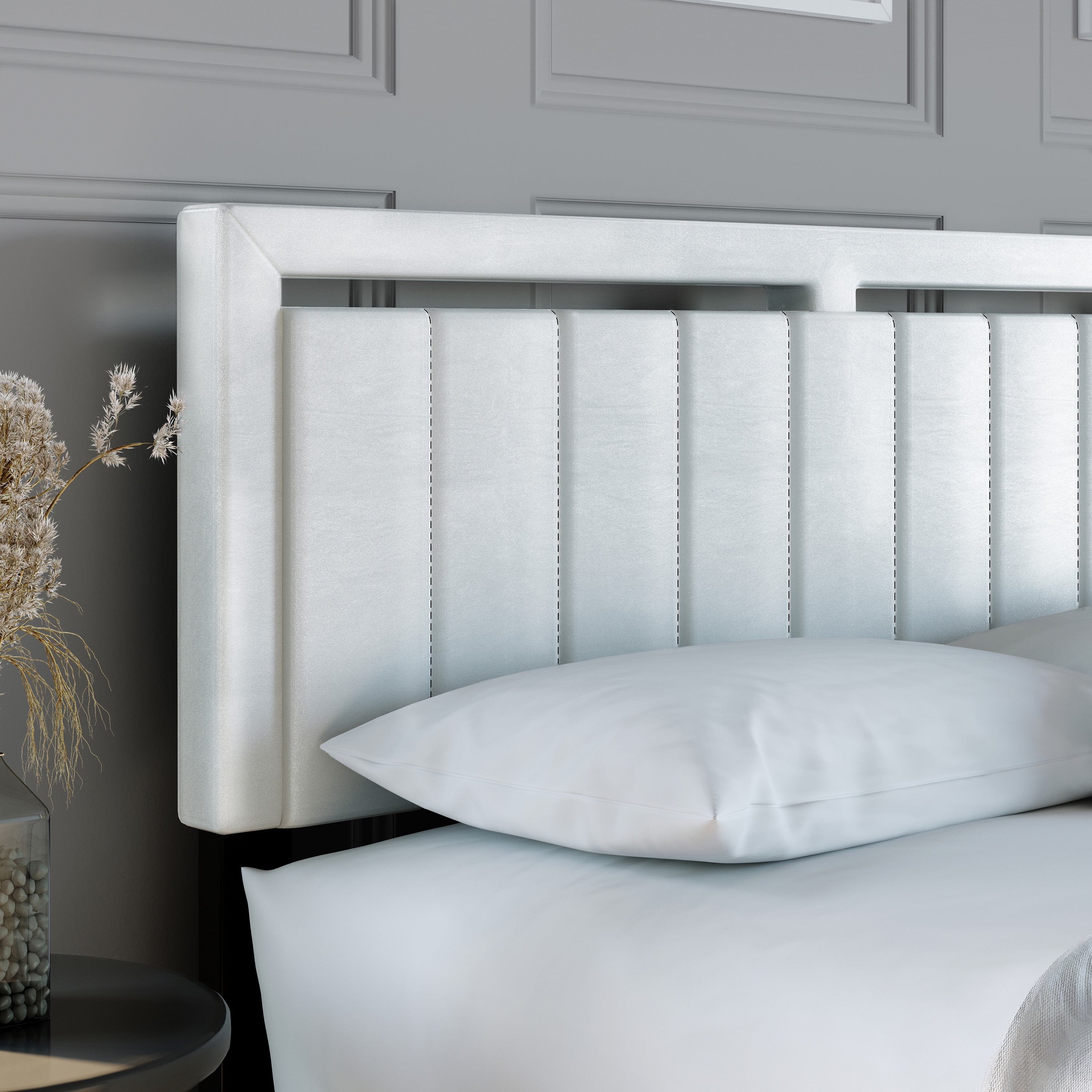 Boyd Sleep Beaumont White Faux Leather Twin Size Fully Upholstered Platform Bed Frame with Adjustable Headboard