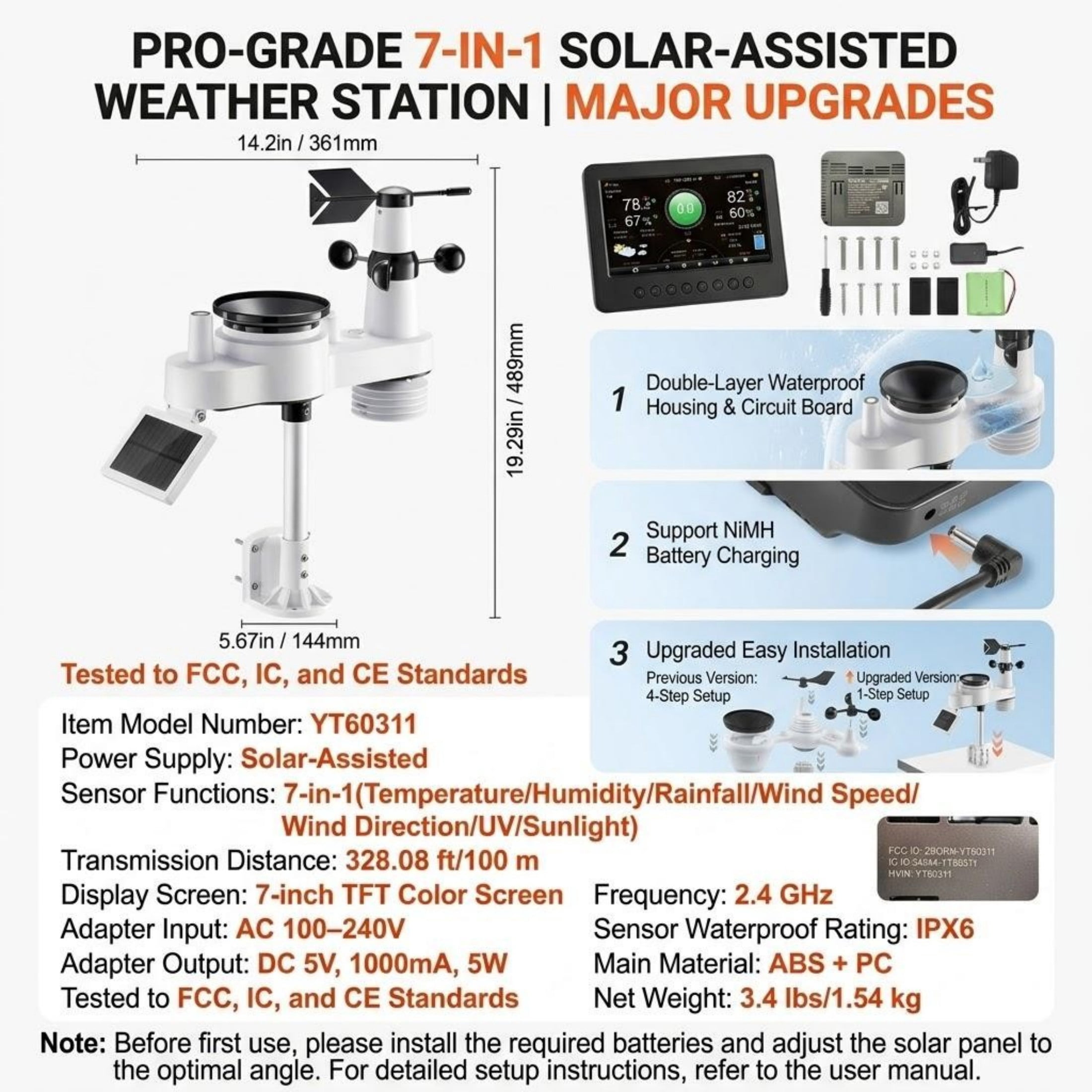 7-in-1 Wi-Fi Weather Station, 7" TFT Display, Wireless Solar Powered Outdoor Sensor with Rain Gauge, for Forecast, Wind Speed, Temp, Humidity, Rainfall