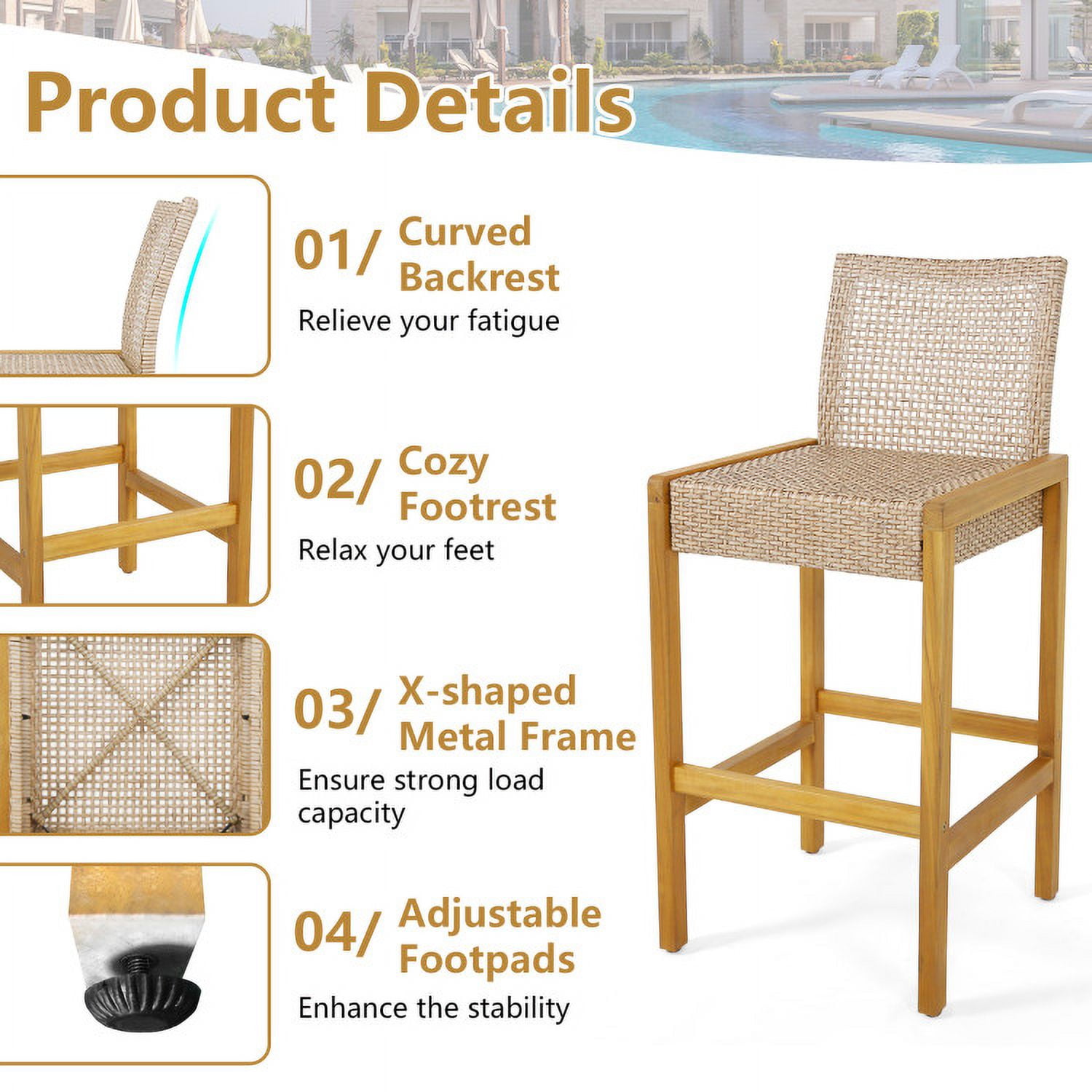 Aimee Lii Set of 2 Rattan Patio Wood Barstools Dining Chairs with Backrest-Set of 2, Outdoor Patio Set Aimee Lii Set of 2 Rattan Patio Wood Barstools Dining Chairs with Backrest-Set of 2, Outdoor Patio Set