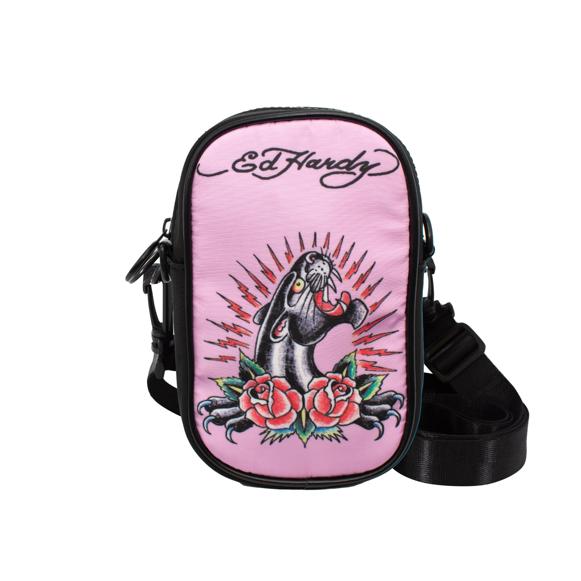 Ed Hardy Unisex Black/Pink Jaguar Print Nylon Phone Crossbody Bag With Adjustable Shoulder Strap - Walmart.com