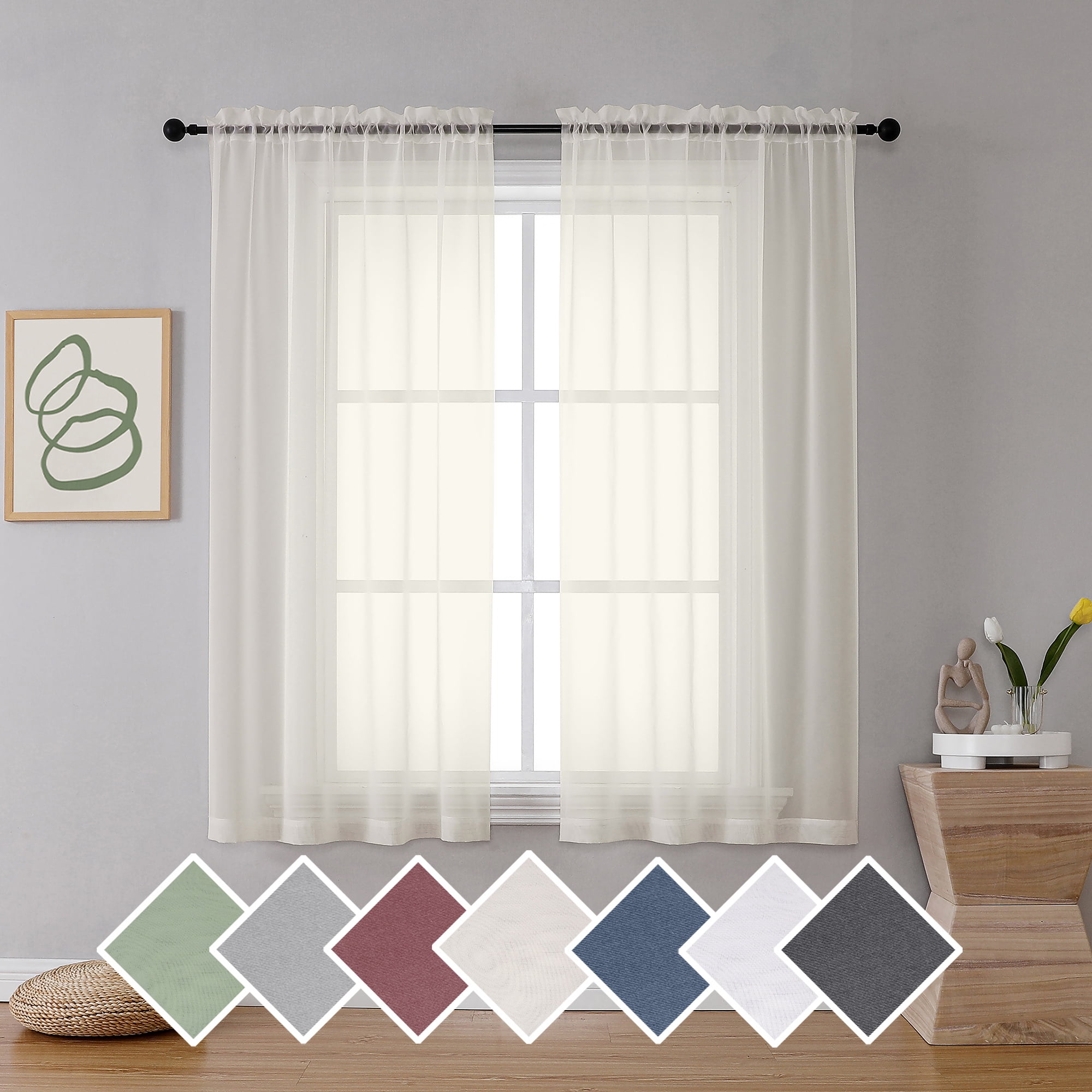 OVZME Sheer Curtains 63 inch Length 2 Panels, Short Semi Transparent