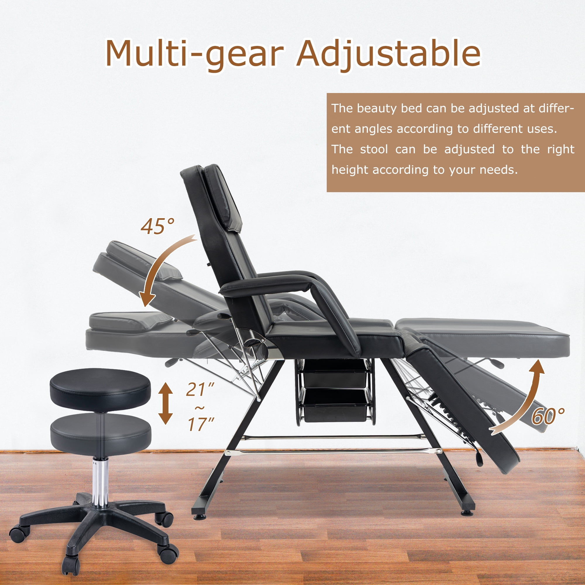 Miniyam 72.7" x 24.4" x 27.6" 3-in-1 Massage Bed & Tattoo Chair – 2 Trays, Hydraulic Stool, Adjustable 3 Sections – for Facial, Beauty, Barber – Black