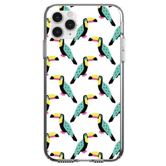 DistinctInk Clear Shockproof Hybrid Case for iPhone 12 MINI (5.4" Screen) - TPU Bumper, Acrylic Back, Tempered Glass Screen Protector - Summer Graphics - Toucan Pattern - Teal