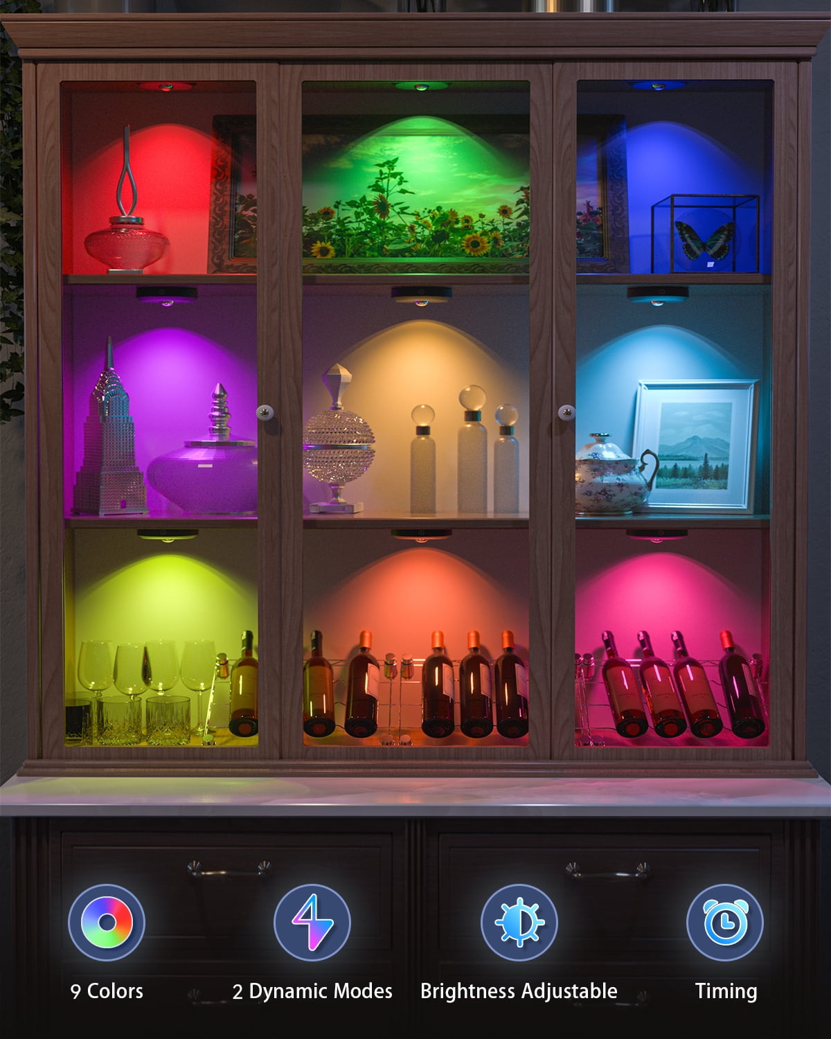 WILLED 6 Pack Rechargeable RGB Puck Lights with Remote Control, 1200mAh Battery Operated Tap Lights, Dimmable Touch Under Cabinet Lighting, Wireless Push Lights, LED USB Shelf Light