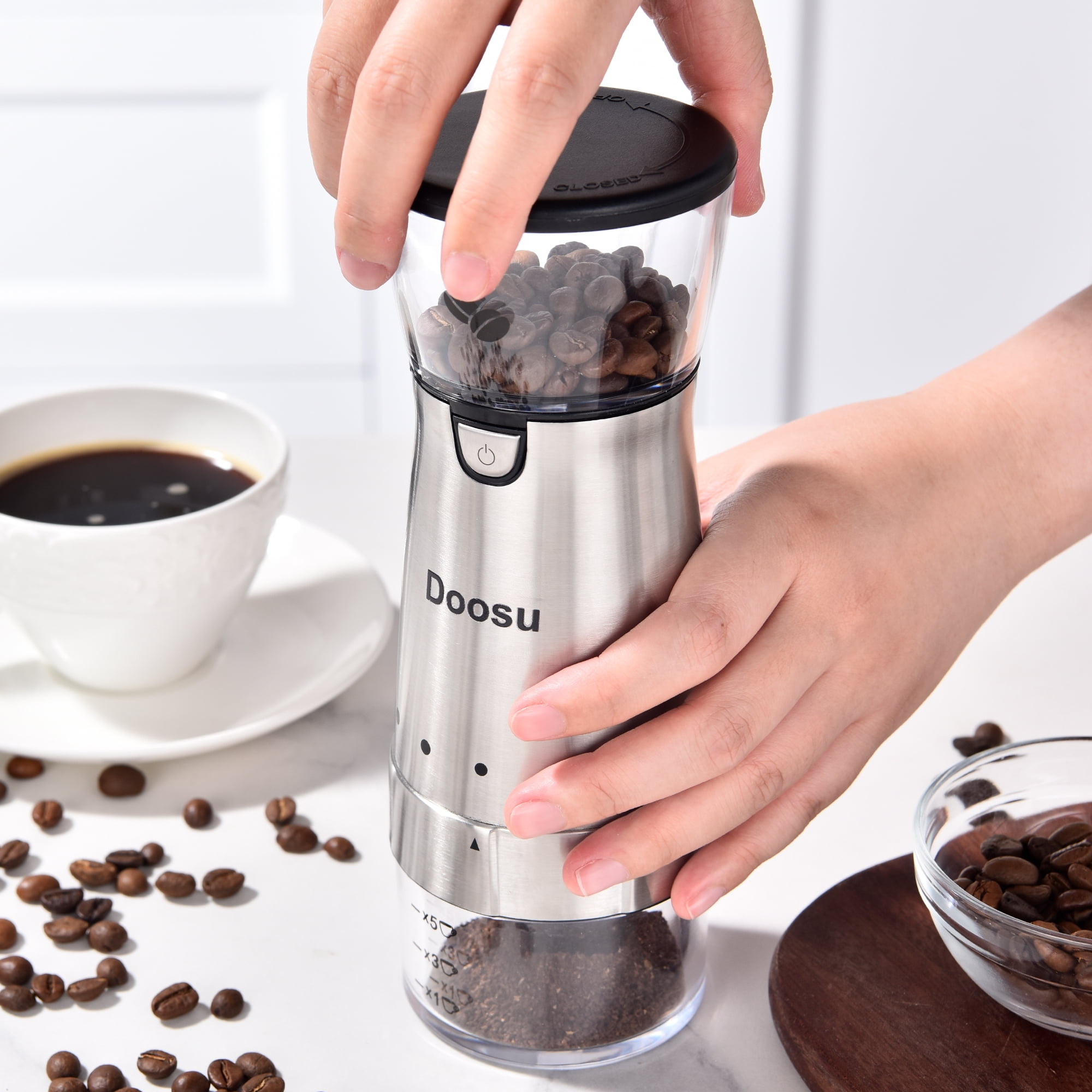 Doosu Stainless Steel Electric Coffee Grinder - Adjustable Settings, Easy to Clean, Compact Design