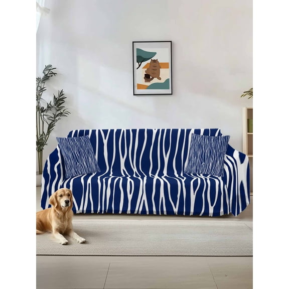 Vintage Wave Lines Couch Cover for 2 Cushion Sofa, Classic Minimalist Striped Navy Blue Washable Loveseat Sofa Covers Slipcover for Sectional Sofas L-Shaped, Couch Throw Cover 71"x118"