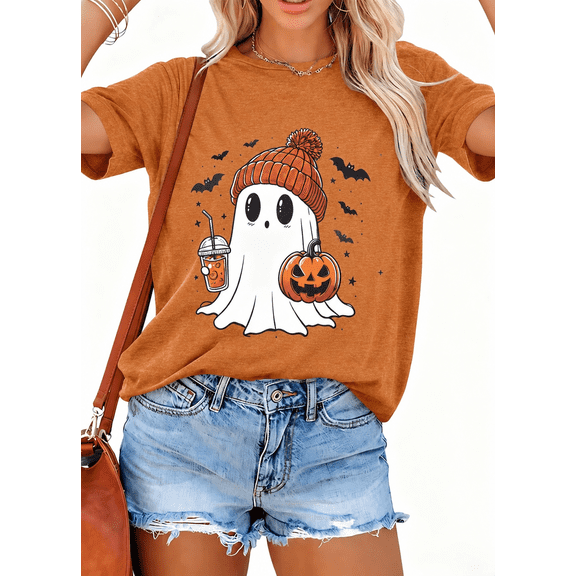 KimSoong Women Halloween T-Shirt Cute Ghost Fall Pumpkin Graphic Shirt Coffee Lover Tees Short Sleeve Tops