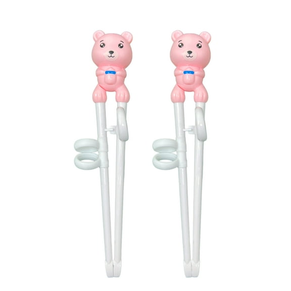 THY Collectibles Pack of Bear Shaped Reusable Training Chopsticks for Beginners, Chopstick Learning Helper Utensils with Thumb Ring and Nonslip Silicone Rings - Pink (Set of 2)