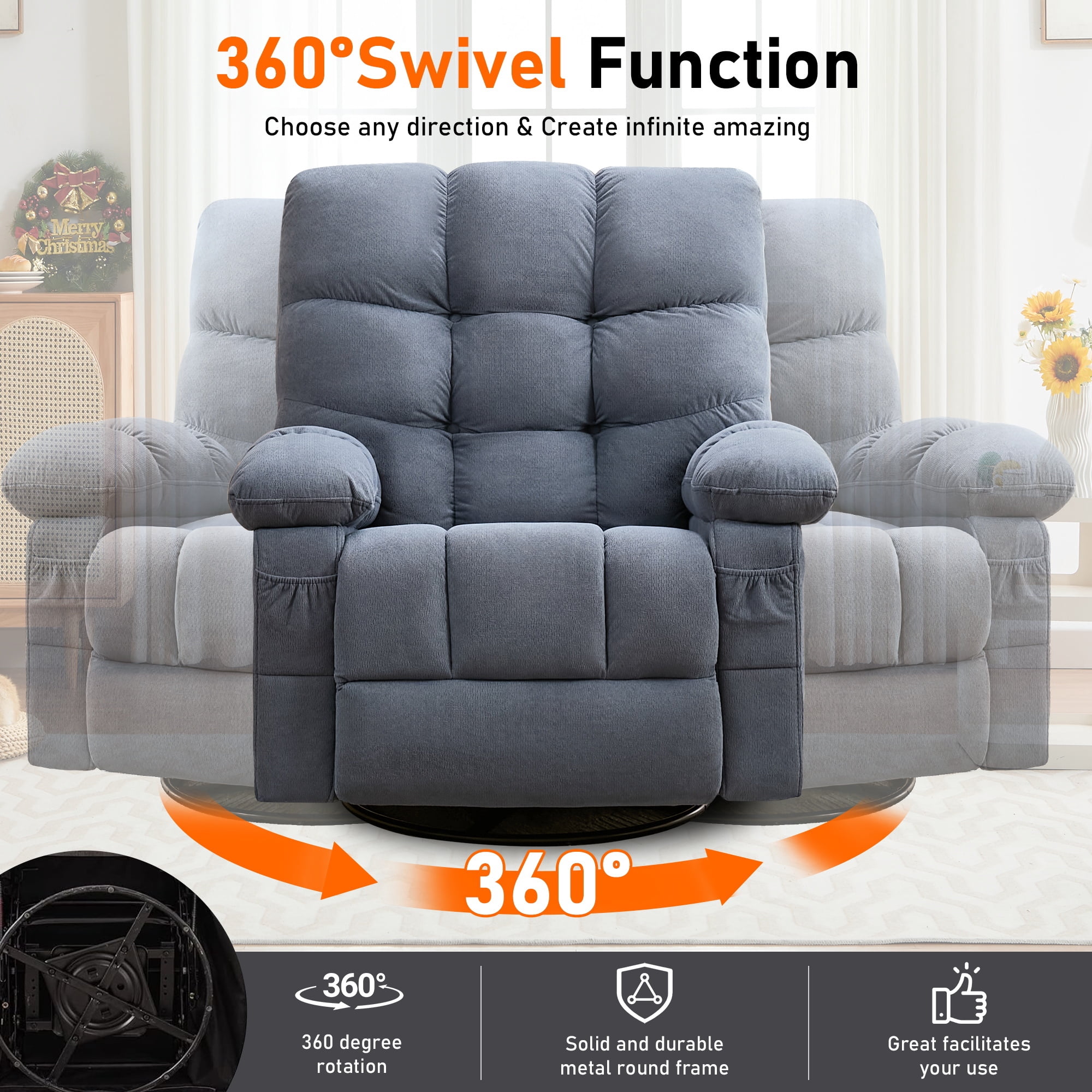 Alvantor Oversized Swivel Rocker Recliner Chair with Massage & Heat Function for Adults, Elderly Single Rocker Sofa with Cup Holders for Bedroom Home Theater Blue