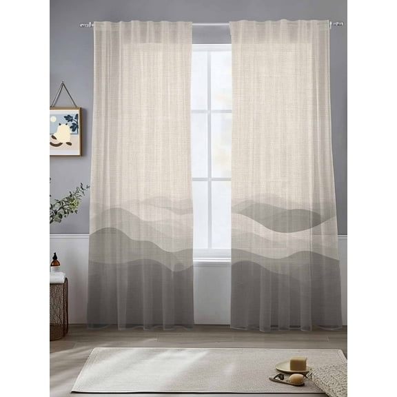 Grey Beige Ombre Sheer Curtains for Living Room Bedroom Minimalist Ocean Waves Linen Sheer Curtains 108 Inch Long 2 Panels Set Light Filtering Curtain Window Treatments Drapes for Dining Room