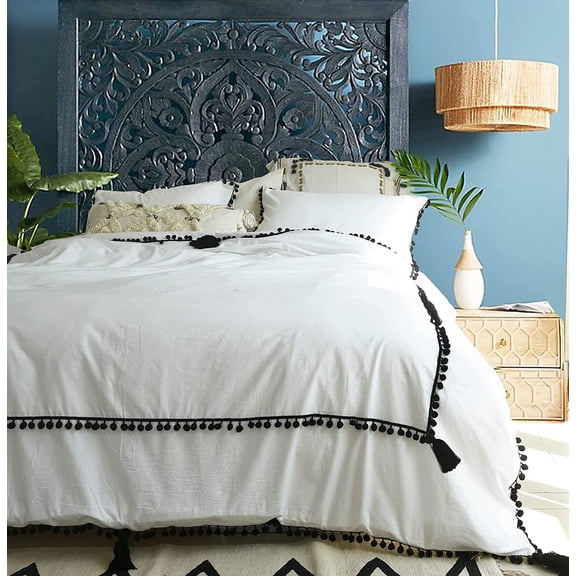 Boho Duvet Cover Queen Black Pom Pom White Bedding Tassel Comforter 86"Wx 90"L