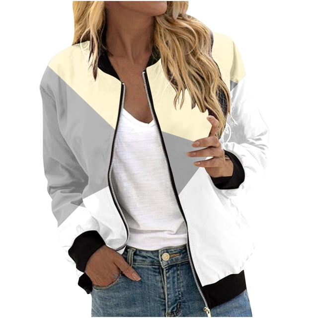 Atogsazn Veste Bomber Zippée pour Femmes, Décontractée, Manches Longues, Coupe-Vent, Manteau, Chemisier, avec Poche, 03-Jaune, Mode
