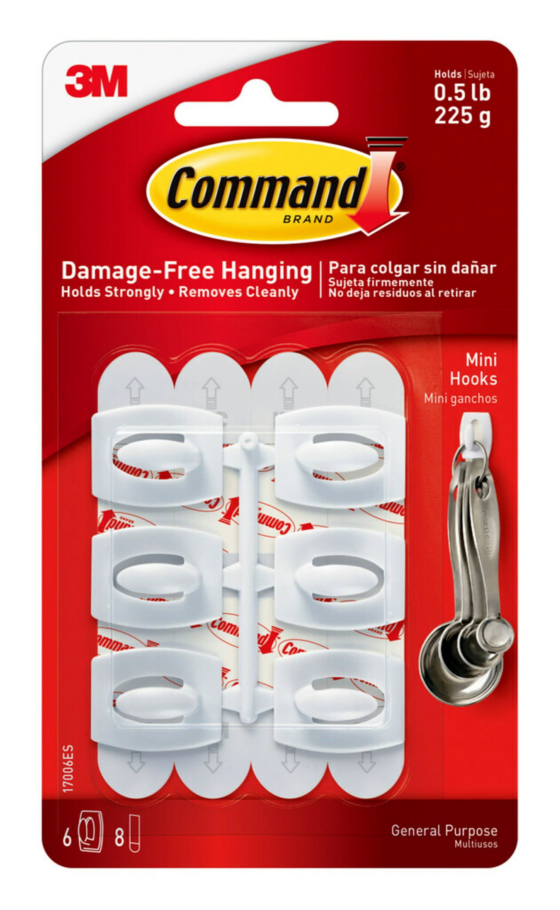 Command Mini Wall Hooks, White, Damage Free Decorating, Six Hooks and Eight Command Strips