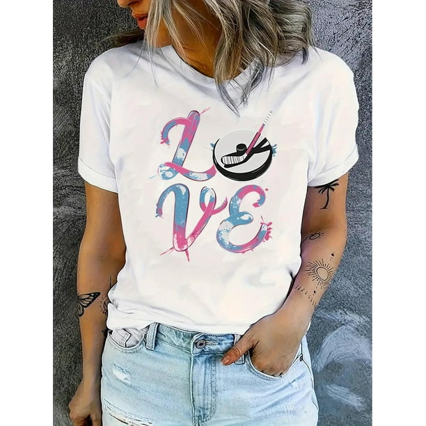 Camiseta básica para mujer verano SuaveWomen'S Fashion Casual Short Sleeve T-Shirt with Alphabet Pattern Print, Medium Stretch Polyester, Comfortable Summer Top for All SeasonsFather's Day, Mother's