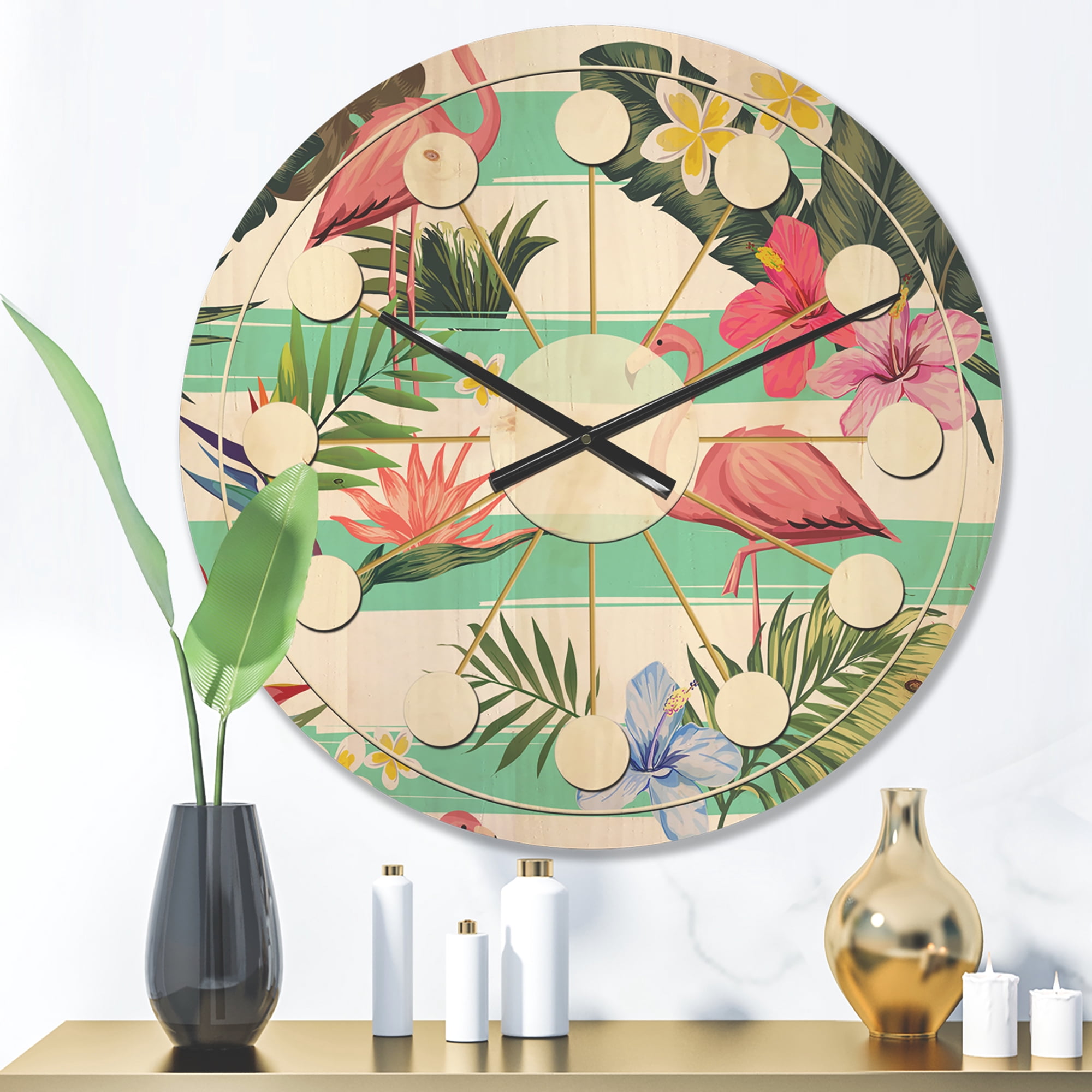 Designart 'Tropical Botanicals, Flamingo and Flowers' Mid-Century Modern Wood Wall Clock