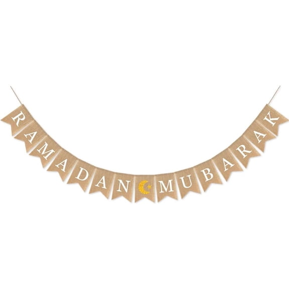 Ramadan Mubarak Gold Glitter Moon Star Burlap Banner, White Letter Rustic Jute Pennant Garland for Islamic Eid al-Fitr Ramadan Home Mantel Wall Party Decorations