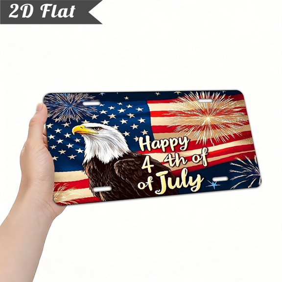 A rectangular "Happy 4th of July Eagle & Fireworks" aluminum decorative license plate. For home Decorative Signs & Plaques. 2D flat graphic. Size is 12 * 6 inches.