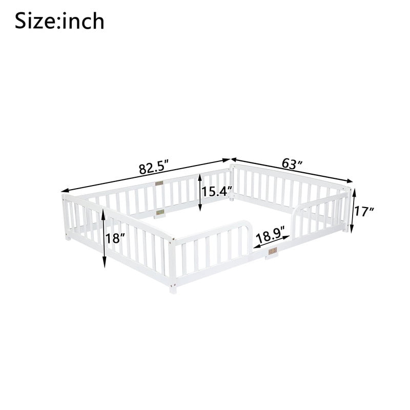 Queen Size Montessori Kids Floor Bed with Entrance, Toddler Crib Fence Bed, Low-Profile Wood Platform Bed Frame with Curved Guardrails