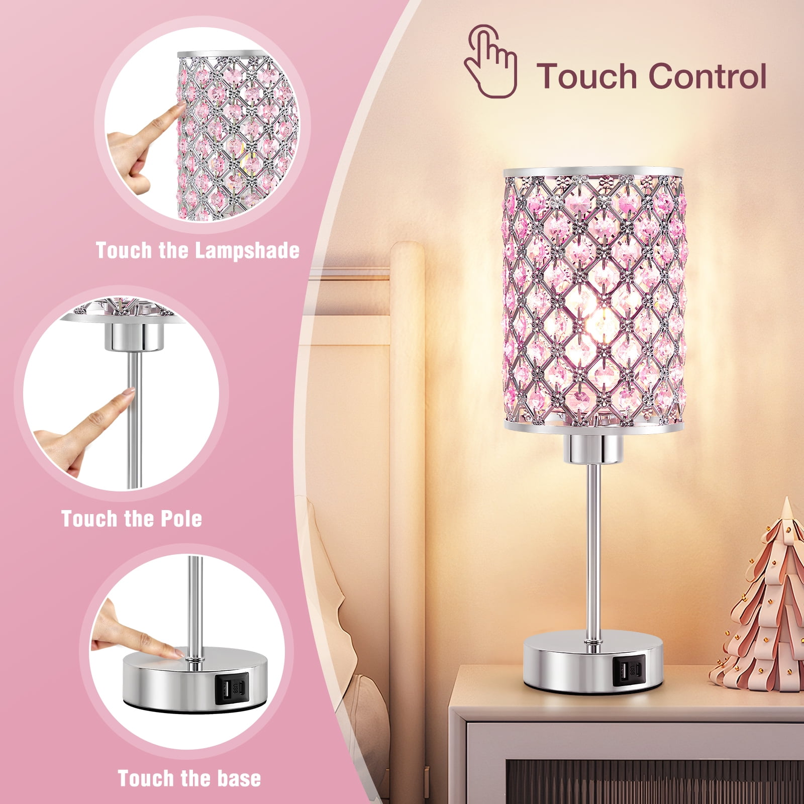 NATYSWAN Touch Crystal Table Lamp, 3-Way Dimmable Nightstand Lamp with USB Ports,Modern Bedside Lamp for Bedroom, Living Room,Pink