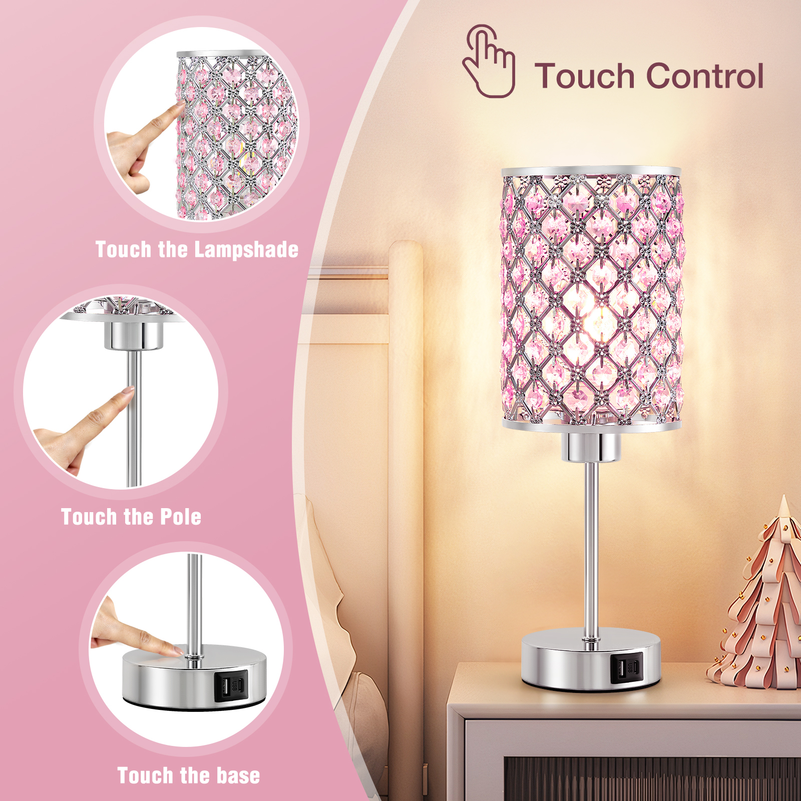 Natyswan Touch Crystal Table Lamp, Pink with USB Ports photo 3