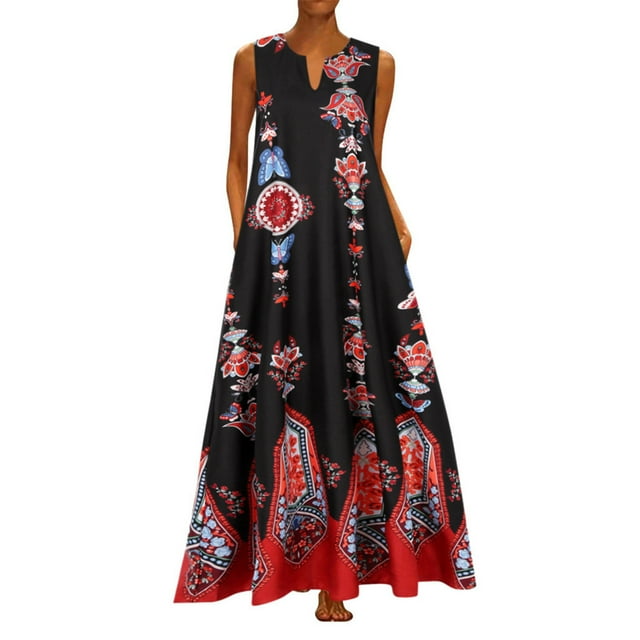 Lolmot Robe Maxi d'Été Sans Manches à Rayures Imprimées à Col en V Vintage Décontractée pour Femme