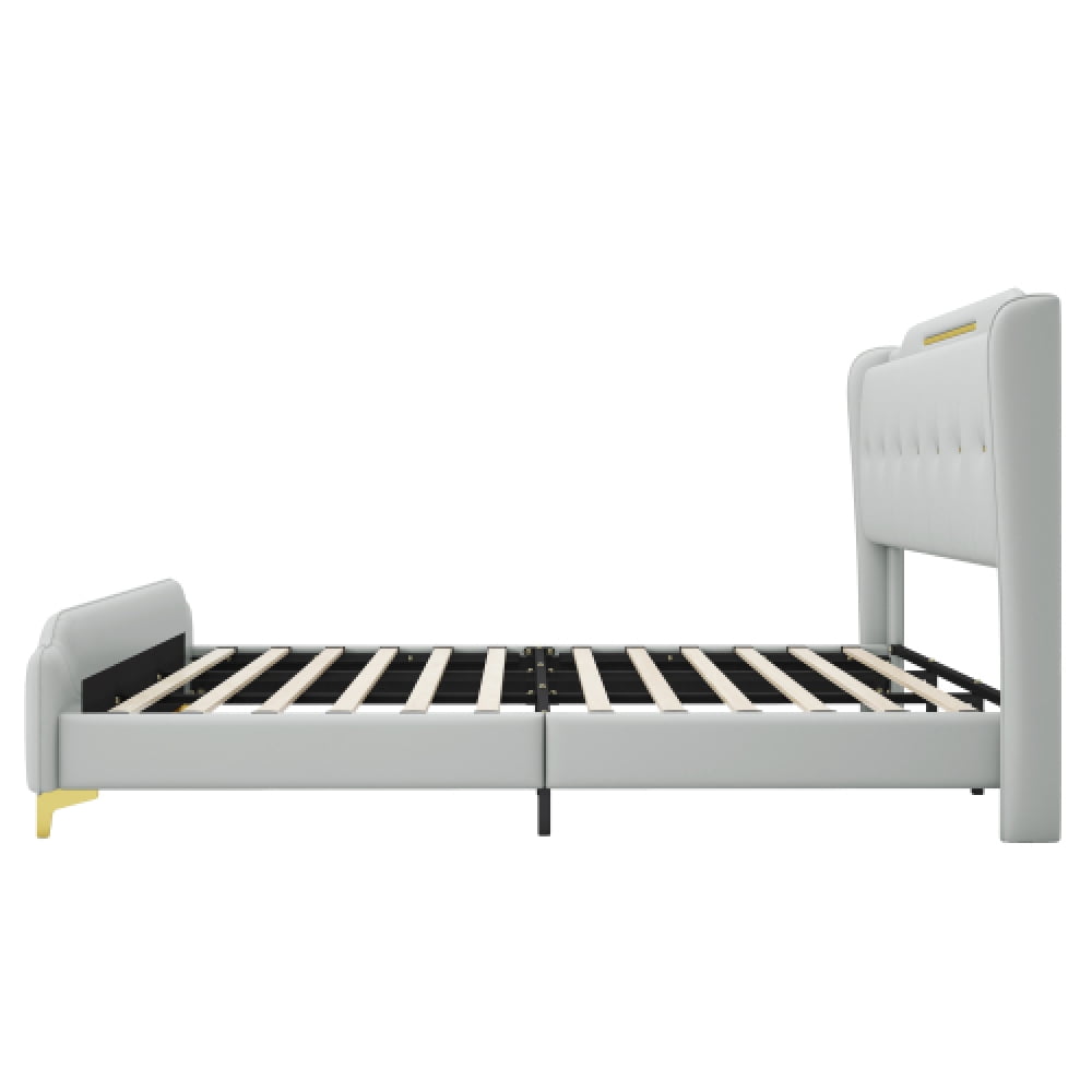 [Luckynote]King Size Leather Bed frame with Wingback Headboard & Footboard, PU Upholstered Platform bed, Solid Wooden Slats Support, Easy Assembly
